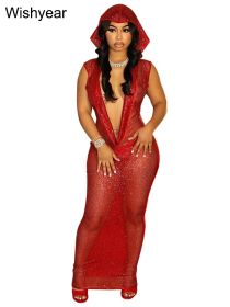 New Luxury Birthday Red Hooded Dress for Women Sexy Deep V Neck Sequins Glitter Mesh See Through Back Open Sparkly Evening Robe (Color: red dress, size: M)