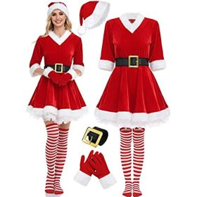 SOMSOC 5 Pack Women Christmas Costume Set Velvet Dress with Belt Striped Over Knee High Socks Santa Hat Gloves for Cosplay (size: XXL)